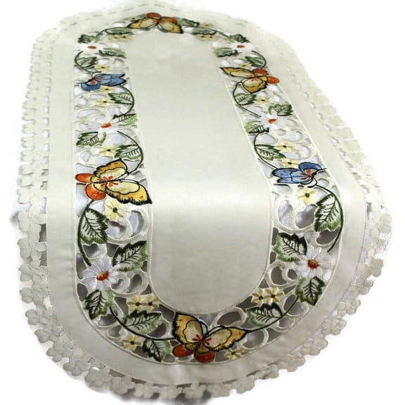 Doily Boutique Table Runner Embroidered with a Multi-Color Butterfly on Ivory Fabric, Size 54 x 15 inches