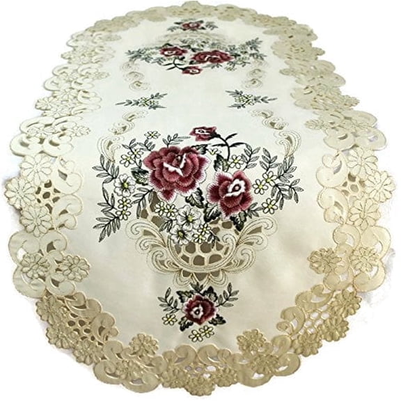 Table Runner Embroidered with a Red Burgundy Rose on Ivory Fabric, Size 54 x 15 inches