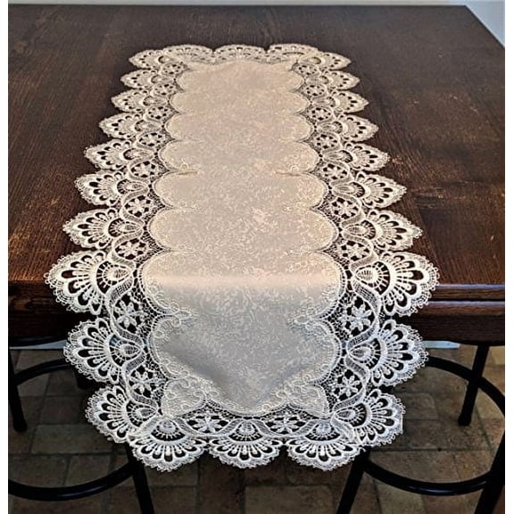 Table Runner in Bleached White European Lace and Fabric Handmade Size 34 x 14 inches