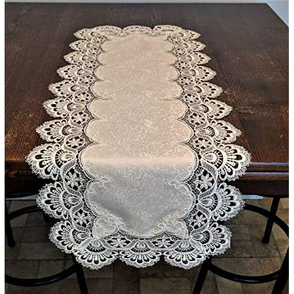 Doily Boutique Table Runner or Dresser Scarf in Bleached White European Lace and Fabric Size 72 x 14 inches
