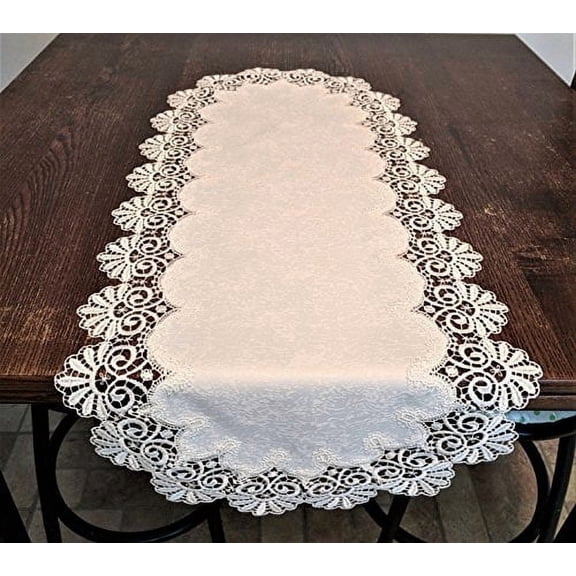 Table Runner in Bleached White Fancy Lace and Fabric Handmade Size 36 x 15 inches