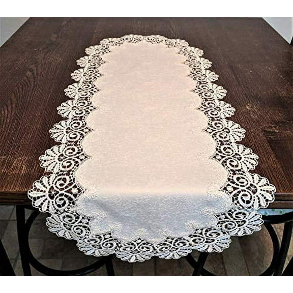 Doily Boutique Table Runner or Dresser Scarf in Bleached White Fancy Lace and Fabric Size 72 x 15 inches