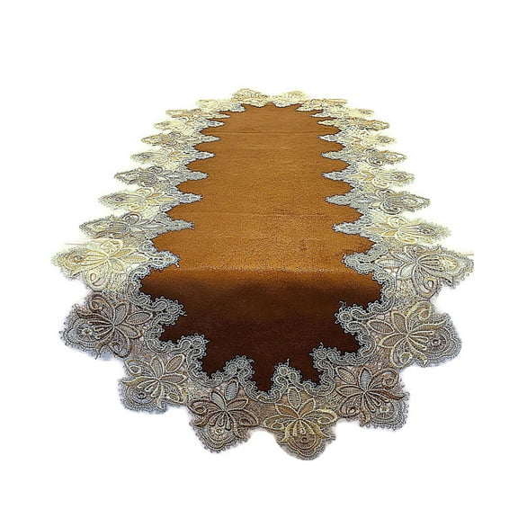 Doily Boutique Table Runner or Dresser Scarf in Gold Vintage Lace and Brown Microsuede Fabric Size 36 x 15 inches