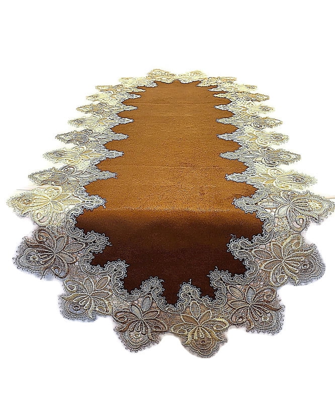 Doily Boutique Table Runner or Dresser Scarf in Gold Vintage Lace and Brown Microsuede Fabric Size 60 x 15 inches