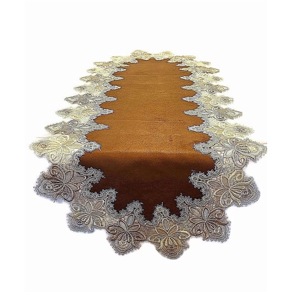 Doily Boutique Table Runner in Gold Vintage Lace and Brown Microsuede Fabric Size 60 x 15 inches
