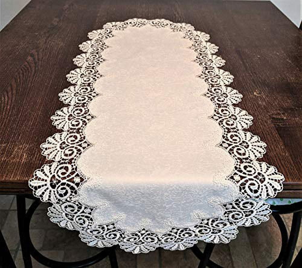 Doily Boutique Table Runner or Dresser Scarf in Ivory Fancy Lace and Fabric  Size 72 x 15 inches