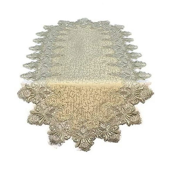 Doily Boutique Table Runner or Dresser Scarf in Ivory Vintage Lace and Fabric Handmade Size 36 x 15 inches