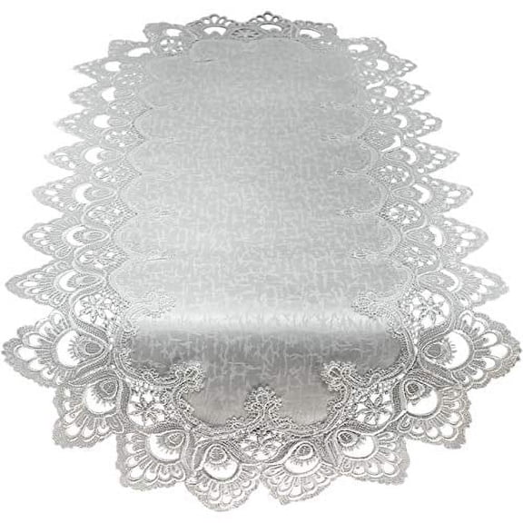 Doily Boutique Table Runner with Antique White European Lace and Fabric, Size 34 x 15 inches