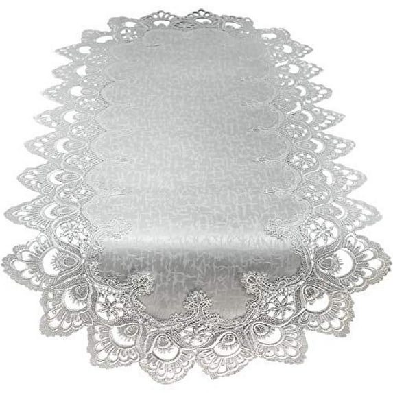 Doily Boutique Table Runner with Antique White European Lace and Fabric, Size 34 x 15 inches