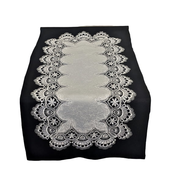 Doily Boutique Table Runner with Antique White European Lace and Material, Size 54 x 15 inches