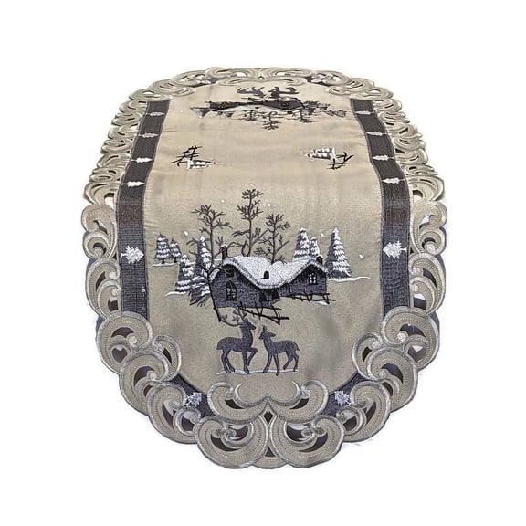 Doily Boutique Table Runner with Christmas Gray and Silver Reindeers on Fabric Size 54 x 16 inches
