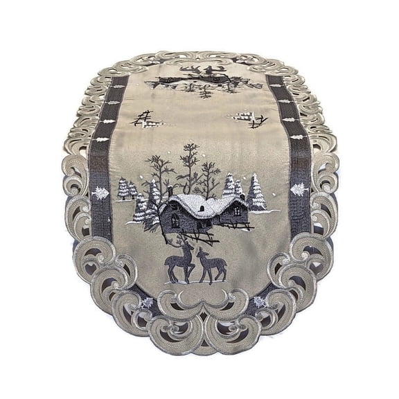 Table Runner with Christmas Gray and Silver Reindeers on Fabric Size 54 x 16 inches