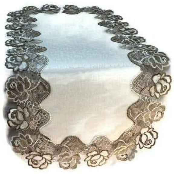 Doily Boutique Table Runner with Cocoa and Antique White Lace Roses and Antique Fabric, Size 34 x 16 inches