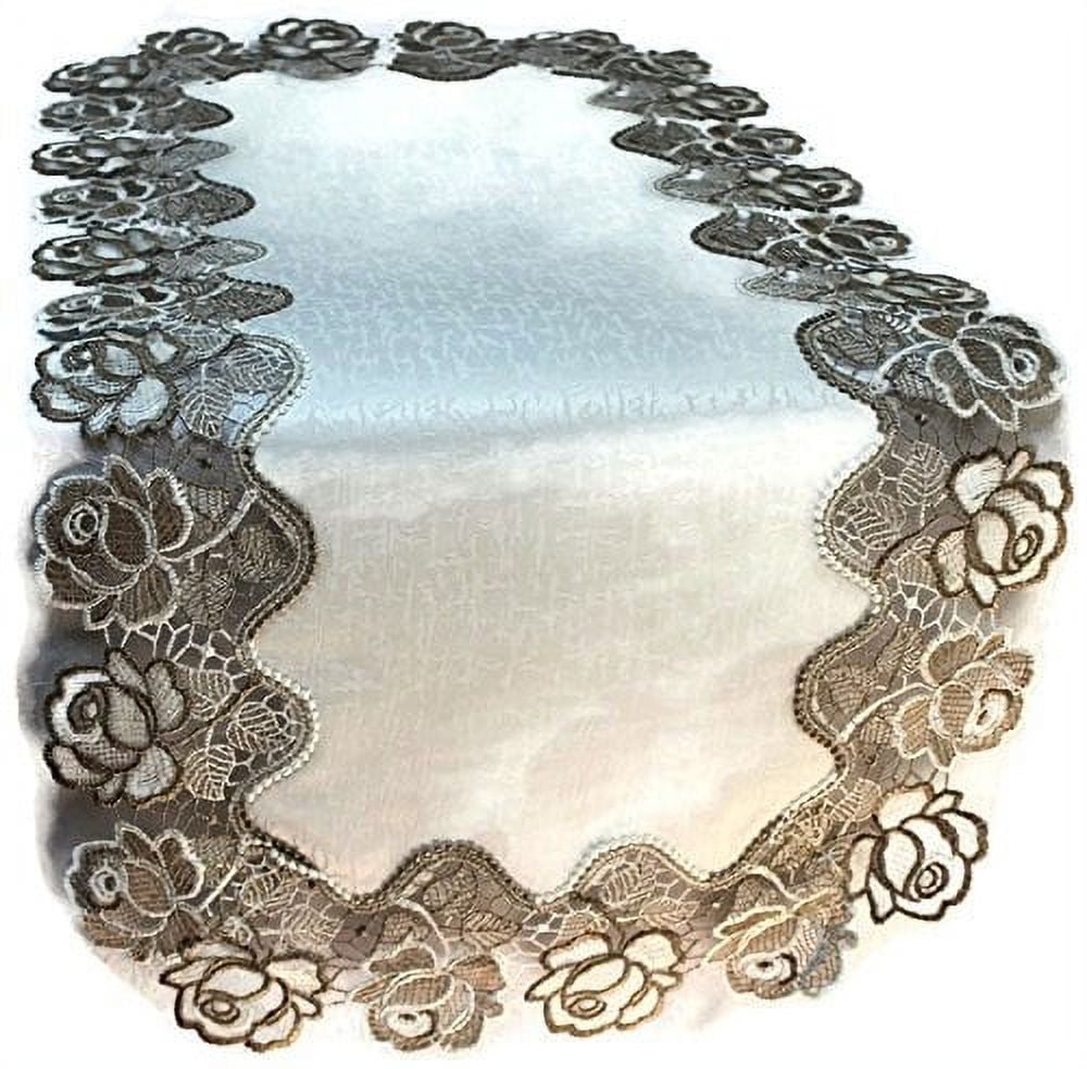 Doily Boutique Table Runner with Cocoa and Antique White Lace and Antique Fabric, Size 52 x 16 inches