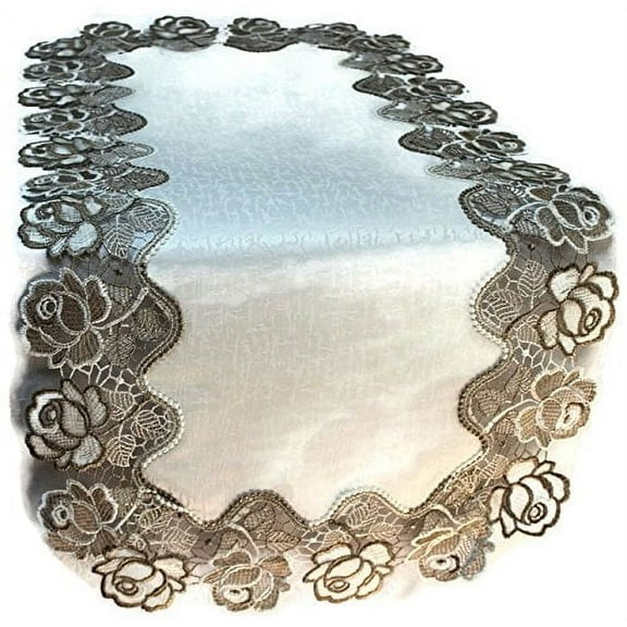 Doily Boutique Table Runner with Cocoa and Antique White Lace and Antique Fabric, Size 52 x 16 inches