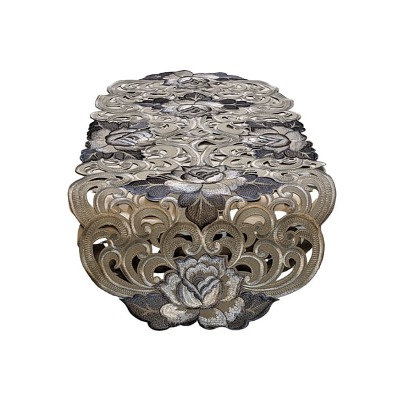Table Runner with Cutwork Gray and Silver Roses on Fabric Size 34 x 15 inches