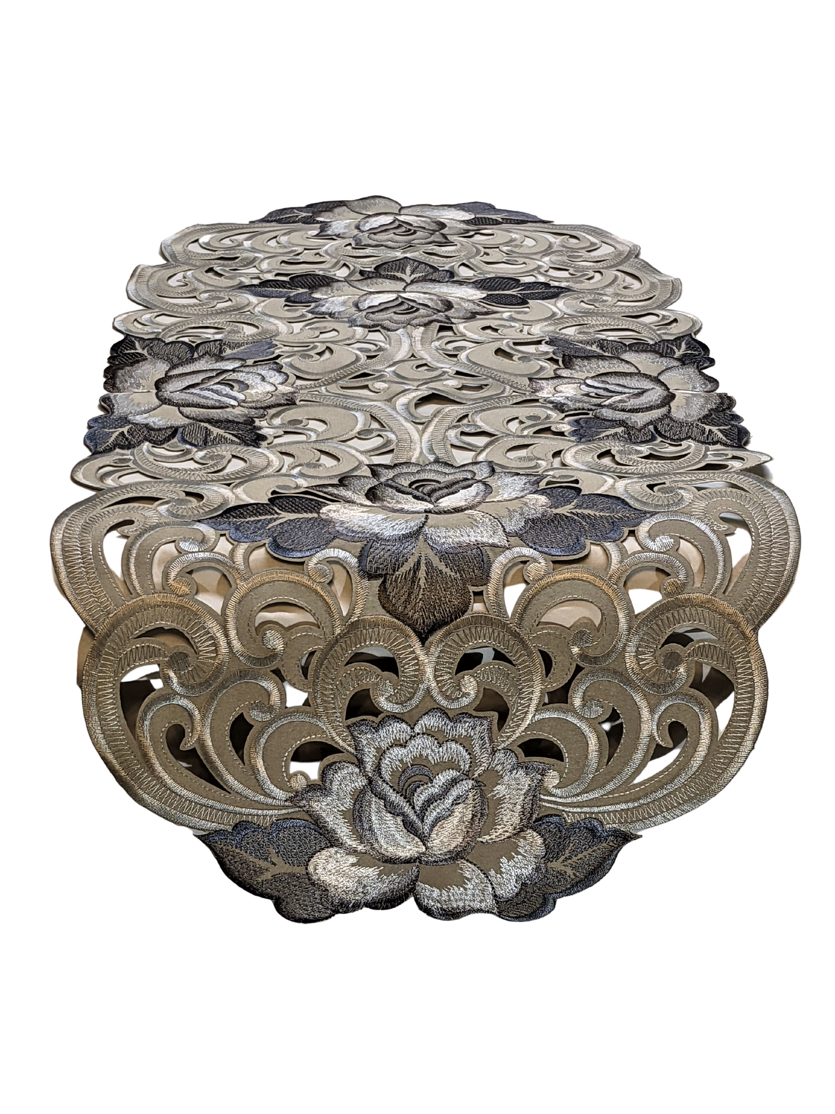 Doily Boutique Table Runner with Cutwork Gray and Silver Roses on Fabric Size 44 x 15 inches
