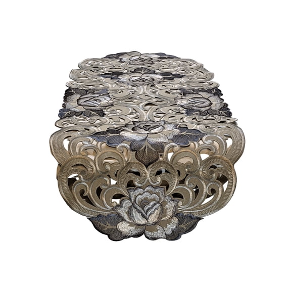 Table Runner with Cutwork Gray and Silver Roses on Fabric Size 54 x 16 inches