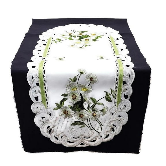 Doily Boutique Table Runner with Daisy Flowers on Bleached White Fabric Size 44 x 15 inches