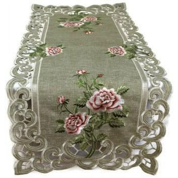 Doily Boutique Table Runner with Embroidered Pink Roses and Sage Green Burlap Linen Fabric, Size 34 x 14 Inches