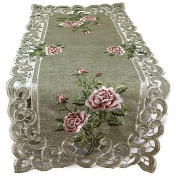 Doily Boutique Embroidered Pink Roses and Sage Green Burlap Linen Style Table Runner, 34 x 14 Inches