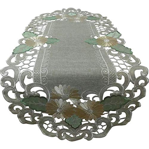 Doily Boutique Table Runner with Gold Daisy Flowers on Sage Green Burlap Linen Type Fabric, Size 54 x 15 inches