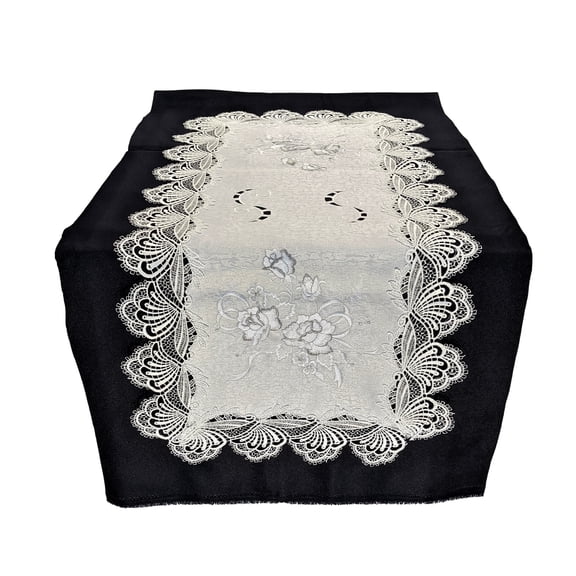 Doily Boutique Table Runner with White Roses on Fabric with Lace Size 36 x 16 inches