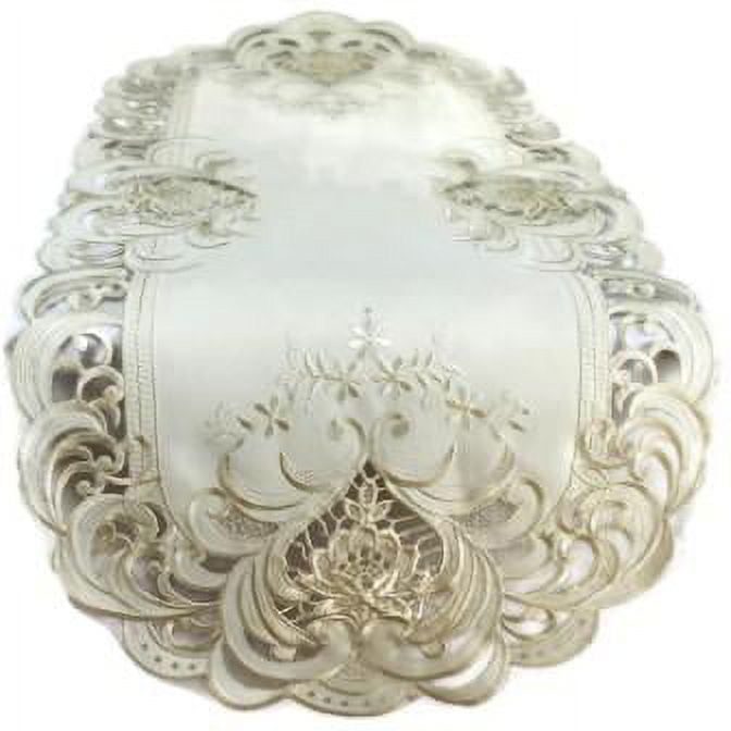 Doily Boutique Table Runner with Ivory Lace Insets on Ivory Fabric, Size 44 x 15 inches