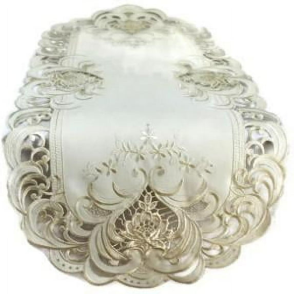 Doily Boutique Table Runner with Ivory Lace Insets on Ivory Fabric, Size 54 x 15 inches