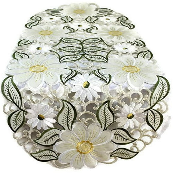 Doily Boutique Table Runner with Large Yellow Daisies, Size 44 x 15 Inches