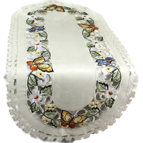 Table Runner with Multi-Color Butterfly on Ivory Fabric, Size 34 x 15 inches