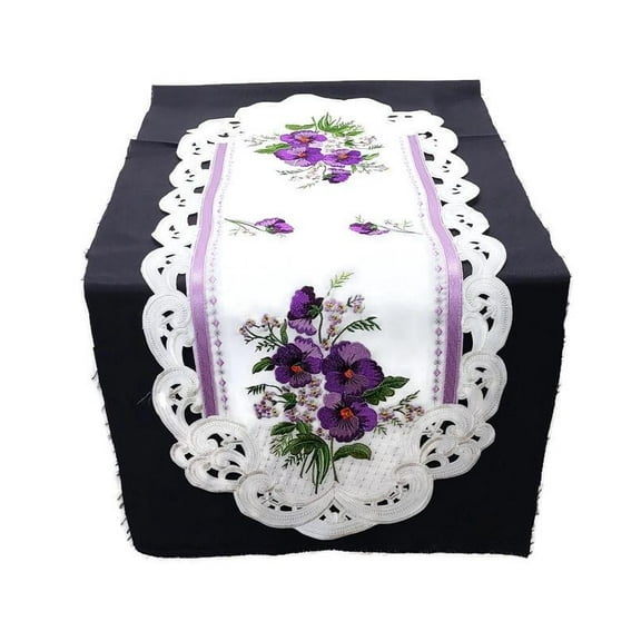 Doily Boutique Table Runner with Purple Pansy Flowers on Bleached White Fabric Size 54 x 15 inches