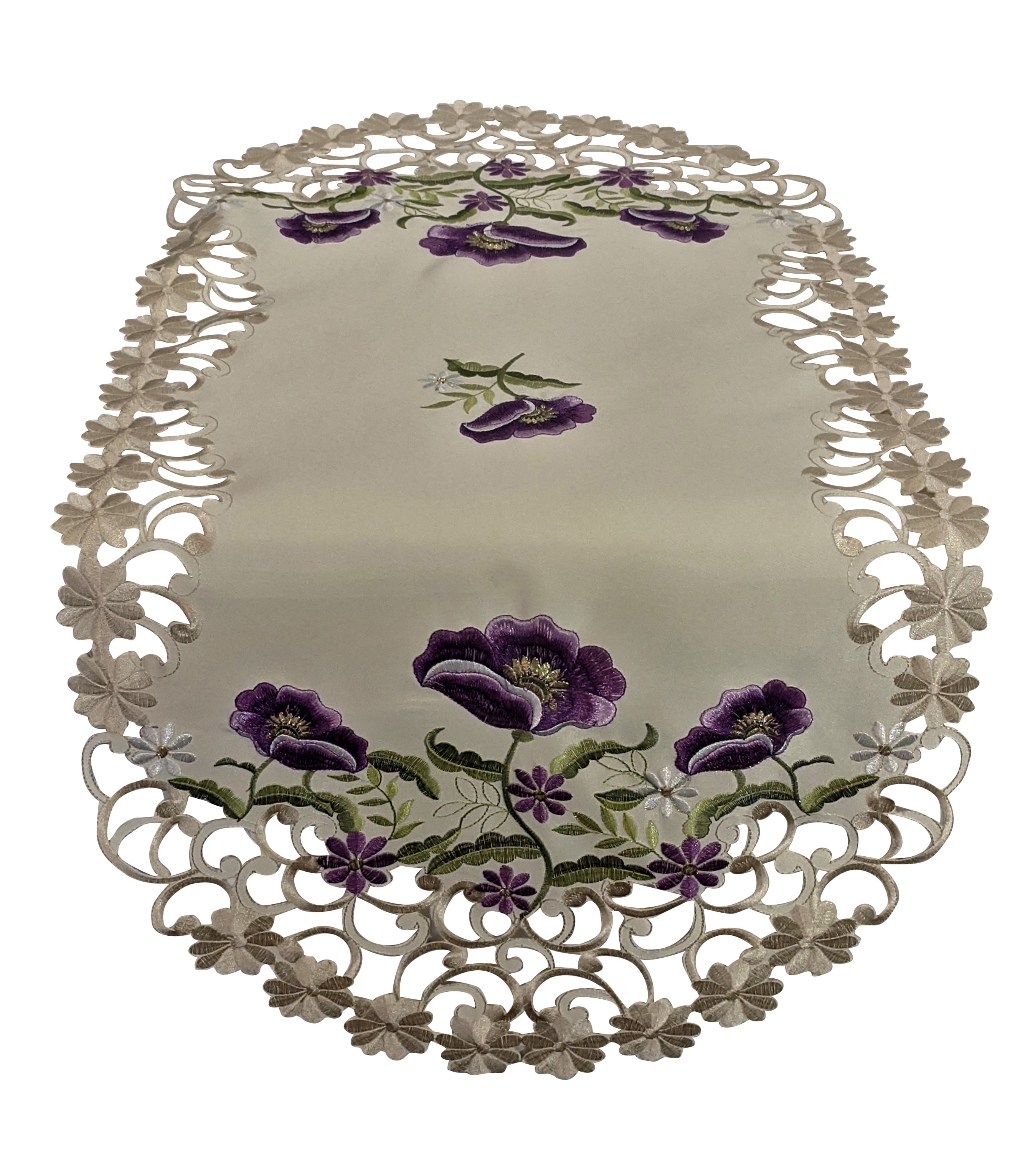 Doily Boutique Table Runner with Purple Poppy Flowers on Ivory Fabric Size 45 x 15 inches