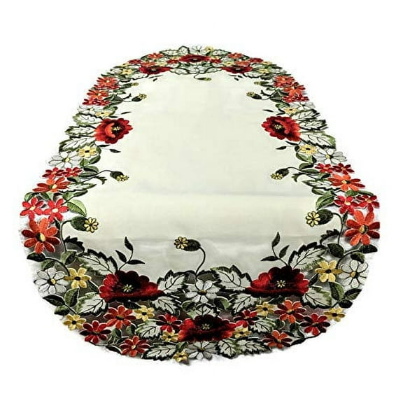 Doily Boutique Table Runner with Red Poppy Flowers on Antique White Fabric Size 34 x 15 inches