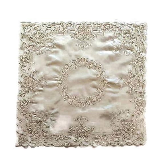 Square Embroidered Tablecloth on Ivory Fabric and Lace Insets, Size 34 inches