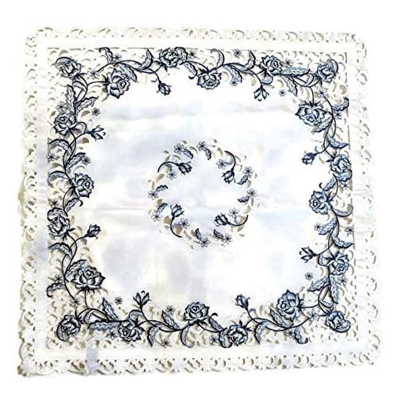Square Embroidered Tablecloth with Blue Roses on Bleached White Fabric, Size 34 inches