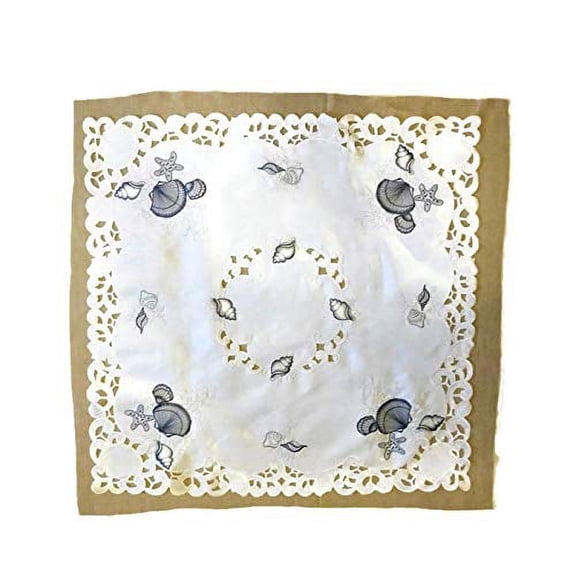 Square Embroidered Tablecloth with Blue Seashells on Bleached White Fabric, Size 34 inches