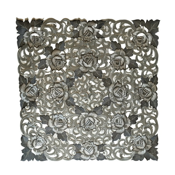 Doily Boutique Tablecloth or Table Topper Square Embroidered with Cutwork Gray and Silver Roses on Fabric Size 34 x 34 inches