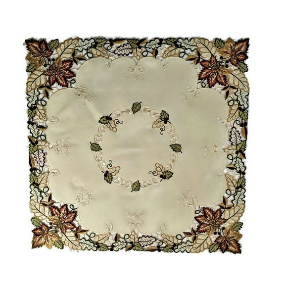 Doily Boutique Tablecloth or Table Topper Square Embroidered with Fall Maple Leaves on Ivory Fabric Size 34 x 34 inches