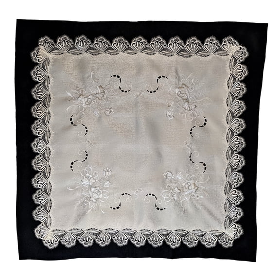 Square Embroidered Tablecloth with Gray, Silver, and White Roses on Fabric with Lace Size 37 inches