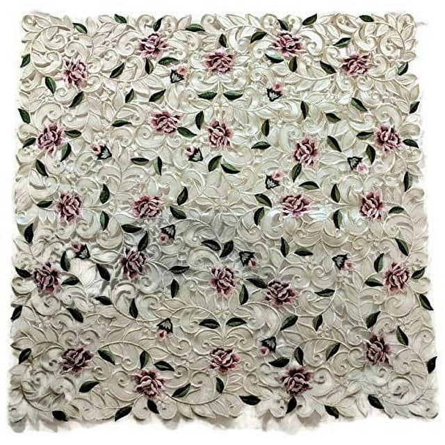 Doily Boutique Tablecloth or Table Topper Square Embroidered with Light Pink Cut Work Roses, Size 34 inches
