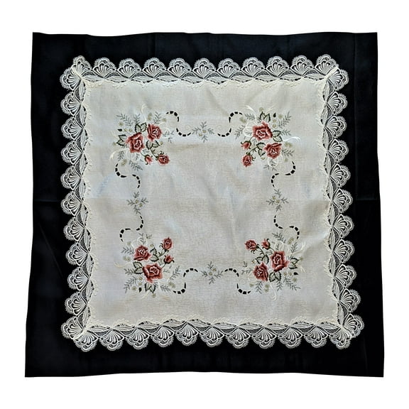Doily Boutique Tablecloth or Table Topper Square Embroidered with Pink Burgundy Roses on White Fabric with Lace Size 34 inches