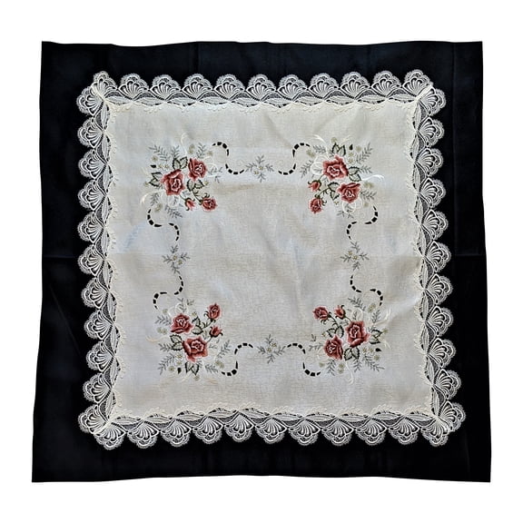 Square Embroidered Tablecloth with Pink Burgundy Roses on White Fabric with Lace Size 34 inches