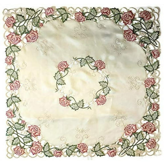 Doily Boutique Tablecloth or Table Topper Square Embroidered with Victorian Pink Roses on Ivory Fabric, Size 34 inches