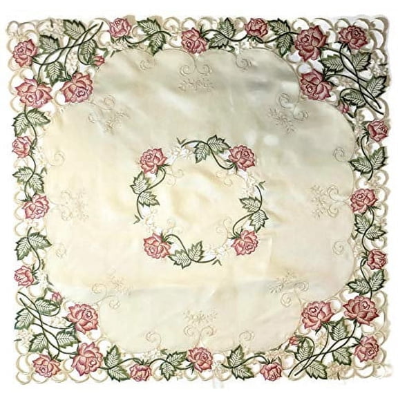 Square Embroidered Tablecloth with Victorian Pink Roses on Ivory Fabric, Size 34 inches