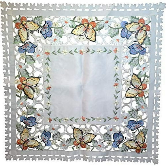 Doily Boutique Tablecloth or Table Topper Square Embroidered with a Multi-Color Butterfly on Ivory Material Size 34 x 34 inches