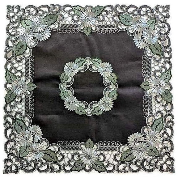 Tablecloth Square Embroidered with a White Daisy on Brown Burlap Linen, Size 34 inches
