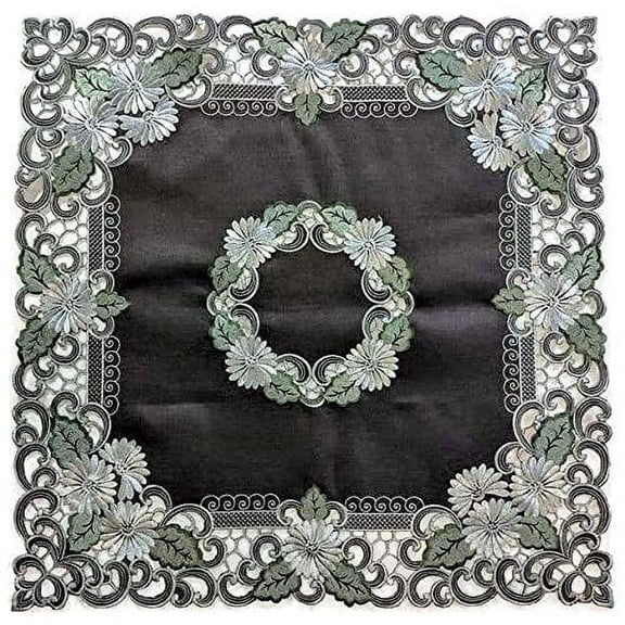 Tablecloth Square Embroidered with a White Daisy on Brown Burlap Linen, Size 34 inches