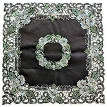 Doily Boutique Tablecloth or Table Topper Square Embroidered with a White Daisy on Brown Burlap Linen, Size 34 inches