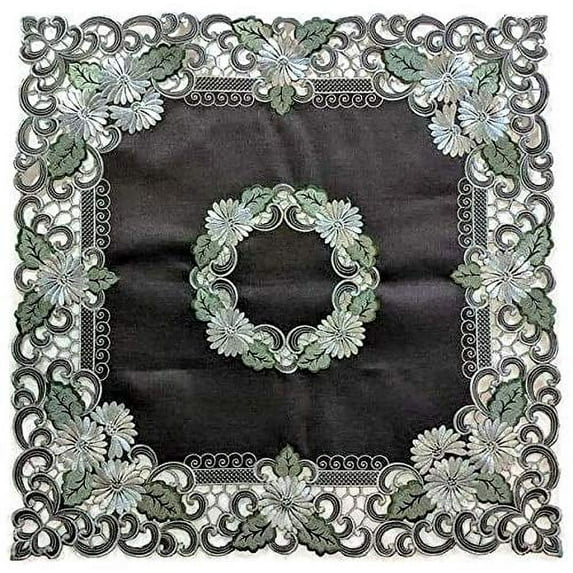Doily Boutique Tablecloth or Table Topper Square Embroidered with a White Daisy on Brown Burlap Linen, Size 34 inches